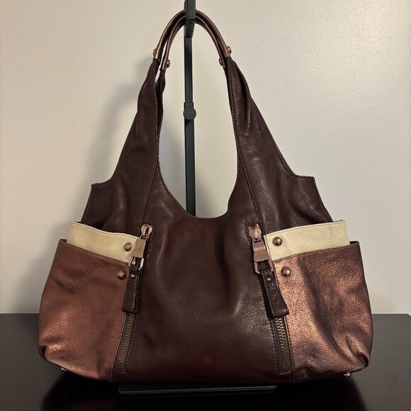 b. makowsky Handbags - B Makowsky Brown Ivory Copper Leather Hobo Shoulder Bag